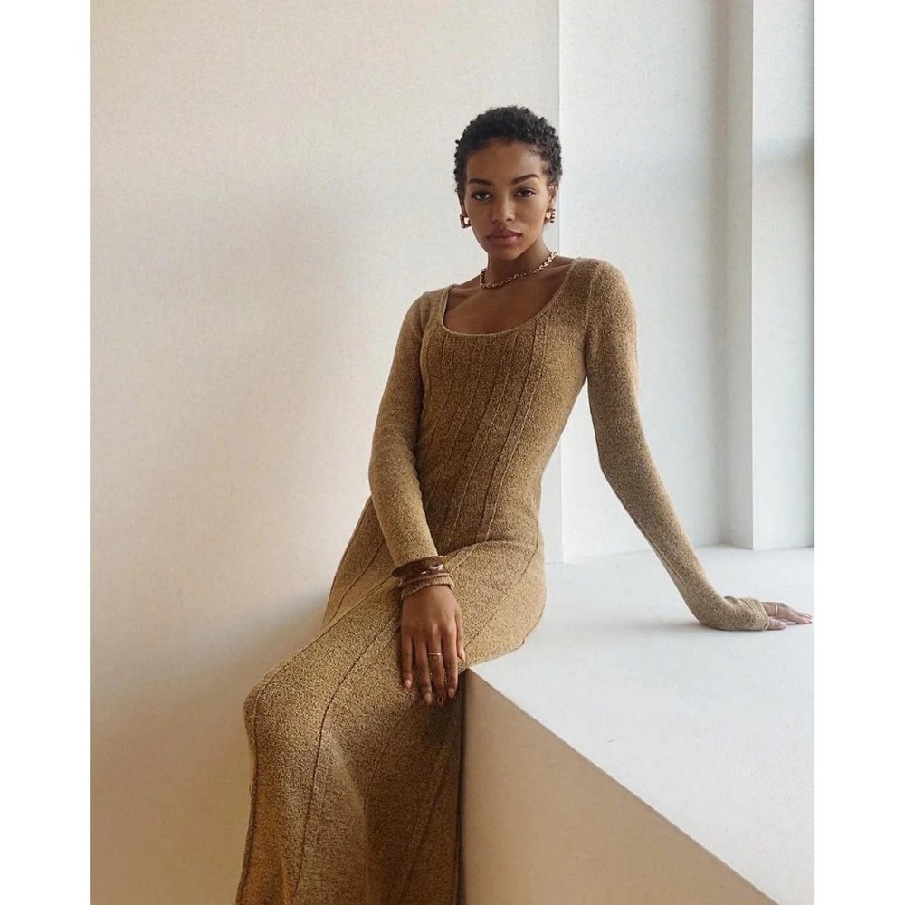 WHO WHAT WEAR Collection Seamed Midi Sweater Dress Fawn XS